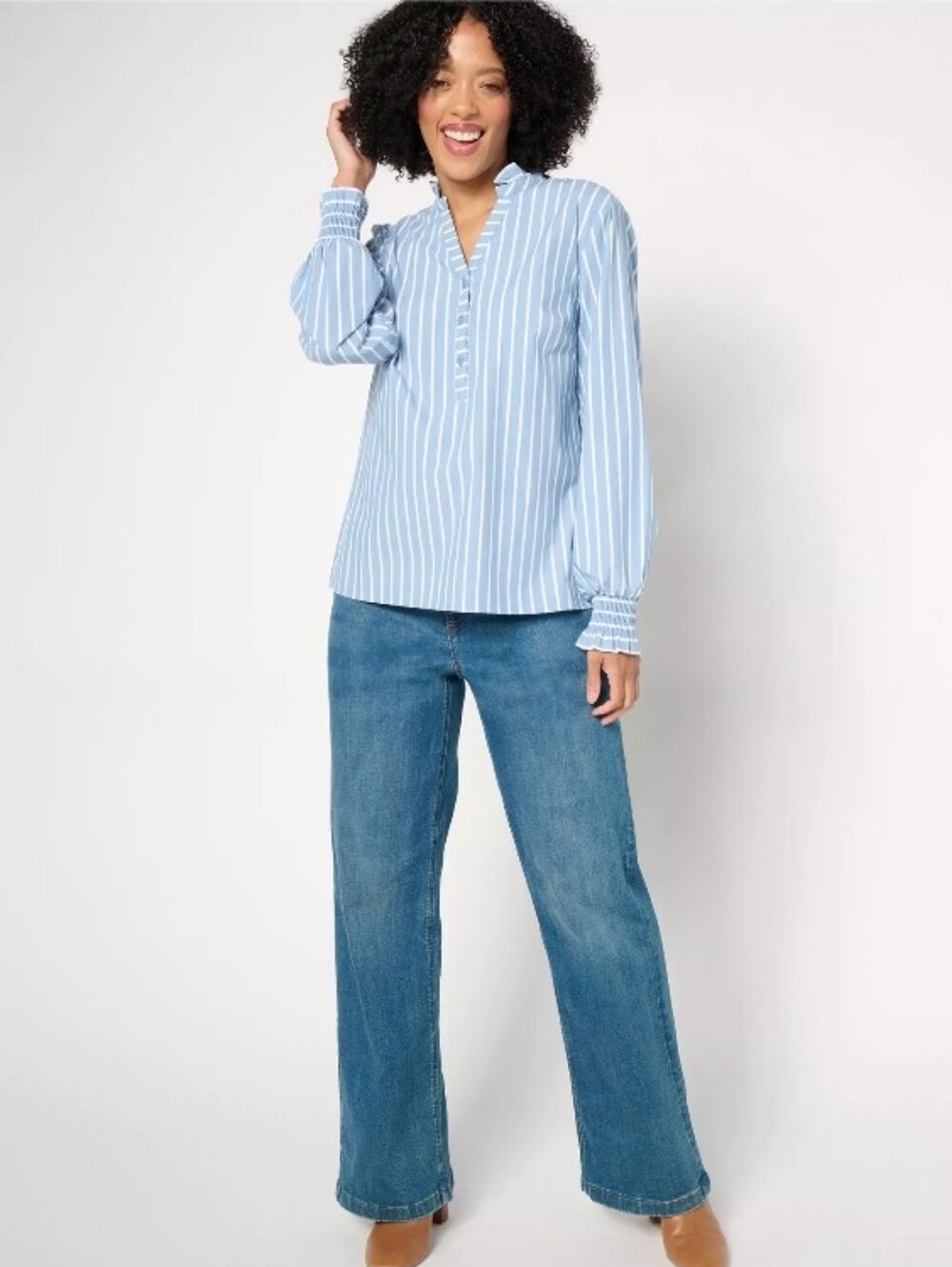 NEW Studio Park x Amy Stran Blue Stripe Ruffle Collar Smocked Cuff Henley Shirt